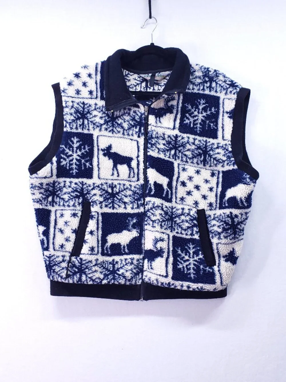 Eastern Mountain Sports Men Medium Full-Zip Vest Fleece Patchwork Winter Moose